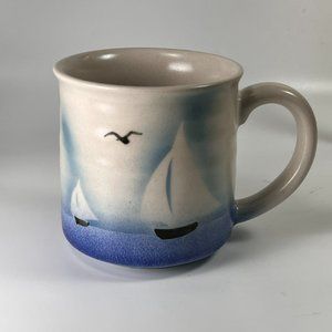 Sailboat Coffee Cup Mug Blue Stoneware Airbrush Hand Painted Sailing Nautical